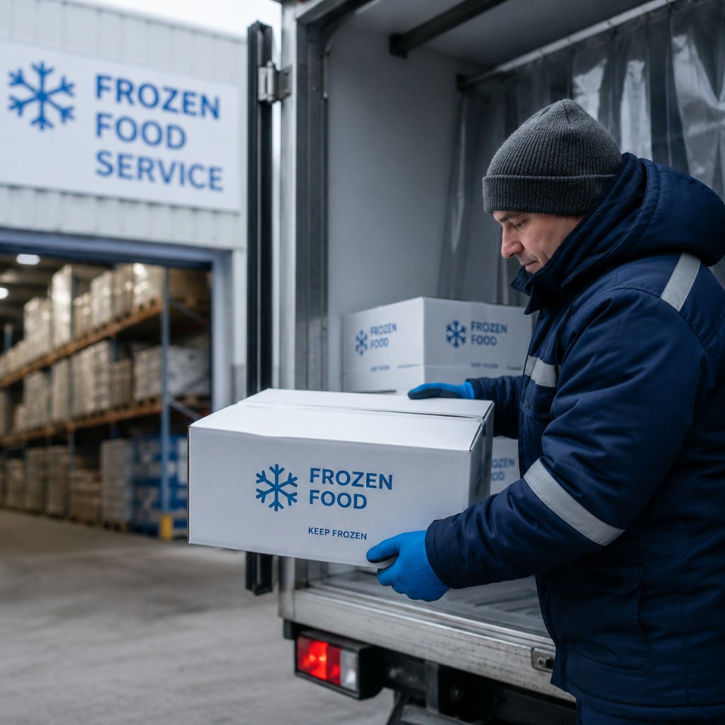Operario cargando cajas de producto congelado en camión refrigerado